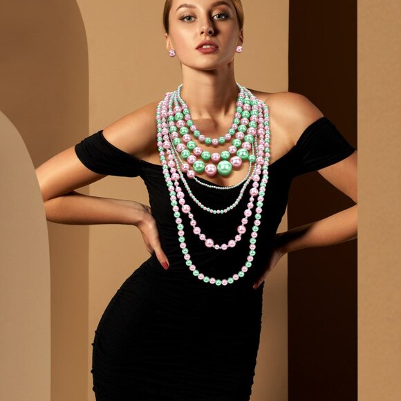 AKA Sorority Pink Green 7 Strand Pearl Necklace Set - Picture 2 of 7